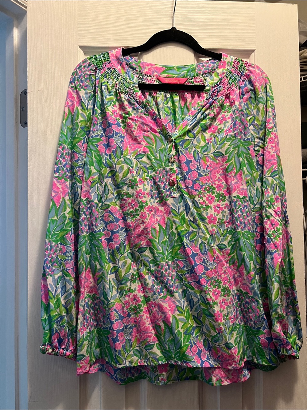 Lilly Pulitzer Pink & Green Floral Smocked-Neck Blouse